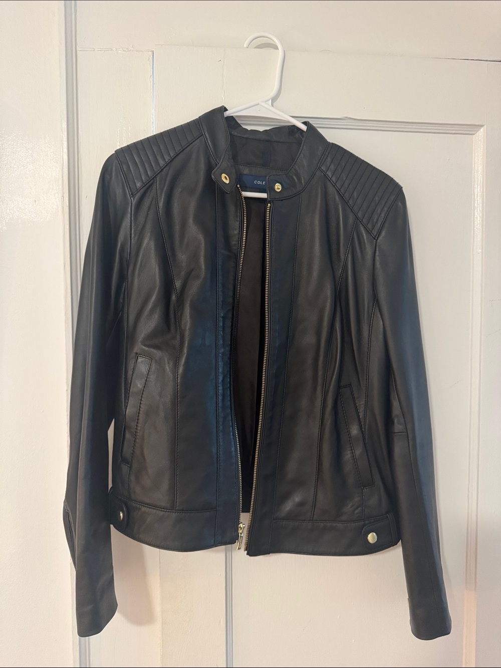 Cole Haan Black Leather Quilted-Shoulder Jacket